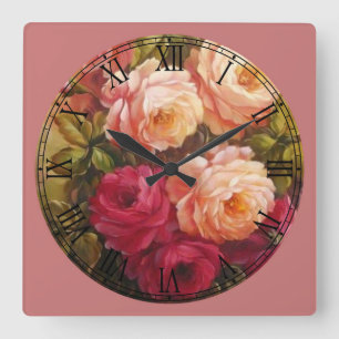 Reloj Cuadrado Bella Artes romano rosa y rojo