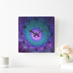 Reloj Cuadrado Belleza floral abstracta arte fractal colorido Flo