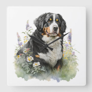 RELOJ CUADRADO BELLO PERRO DE MONTAÑA BERNÉS CON FLORES