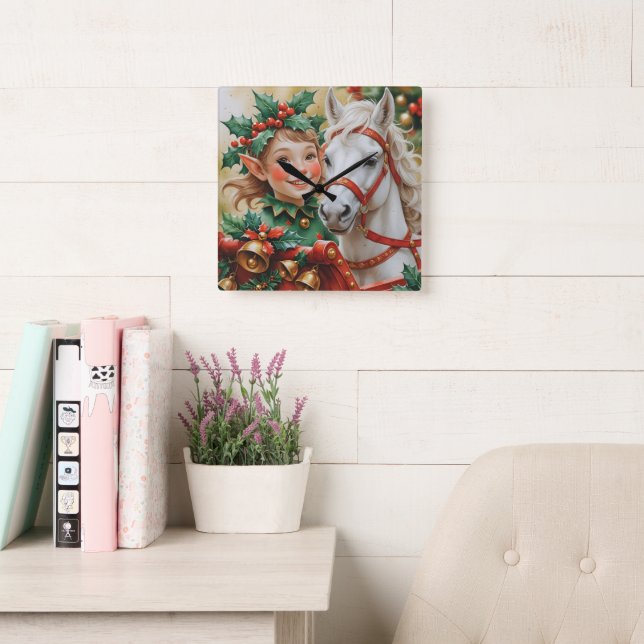 Reloj Cuadrado Bells Holly and Horse Christmas Elf (Sala de lectura)
