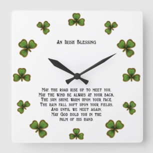 Reloj Cuadrado Bendición irlandesa y tréboles negro y verde