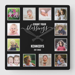 Reloj Cuadrado Bendición personalizada de 12 Collages de fotos