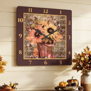Reloj Cuadrado Bendiciones de girasoles Gratitud Día de Acción de