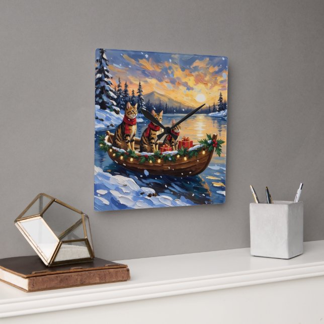 Reloj Cuadrado Bengal Cat Christmas Boat Holiday (Oficina)
