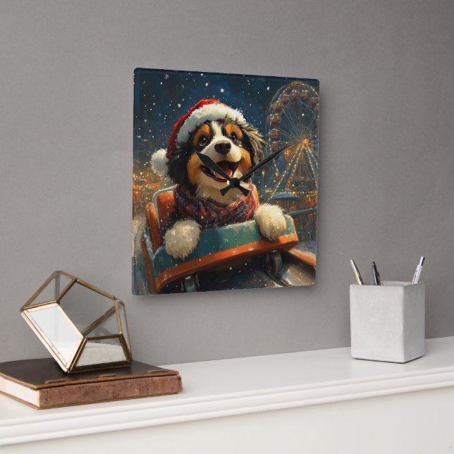 Reloj Cuadrado Bernedoodle Perro Montaña Rusa Navidad  (Oficina)