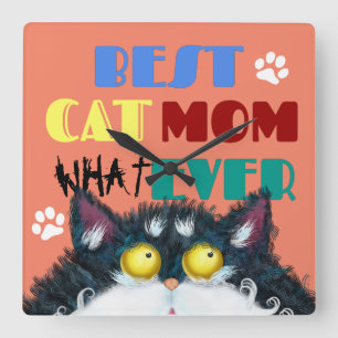 Reloj Cuadrado Best Cat Mom Ever grumpy cat funny text cartoon 