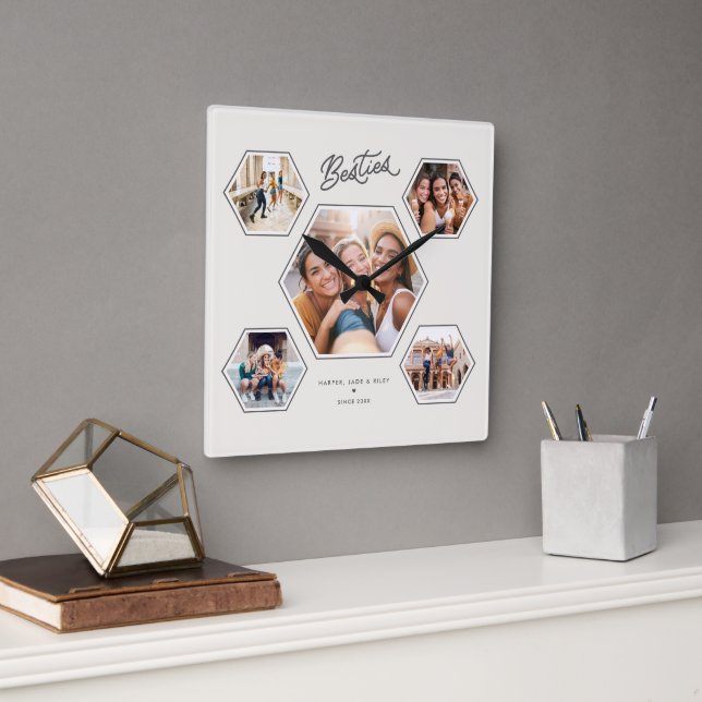 Reloj Cuadrado Besties 5 Photo Custom Collage Script Keepsake (Oficina)