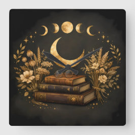 Reloj Cuadrado Biblioteca Mística Dorada y Arte Boho de Luna Botá
