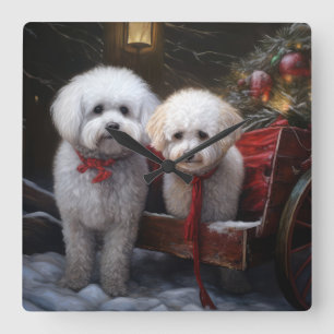 Reloj Cuadrado Bichon Frise Nevado Trineo Navidad Decoración