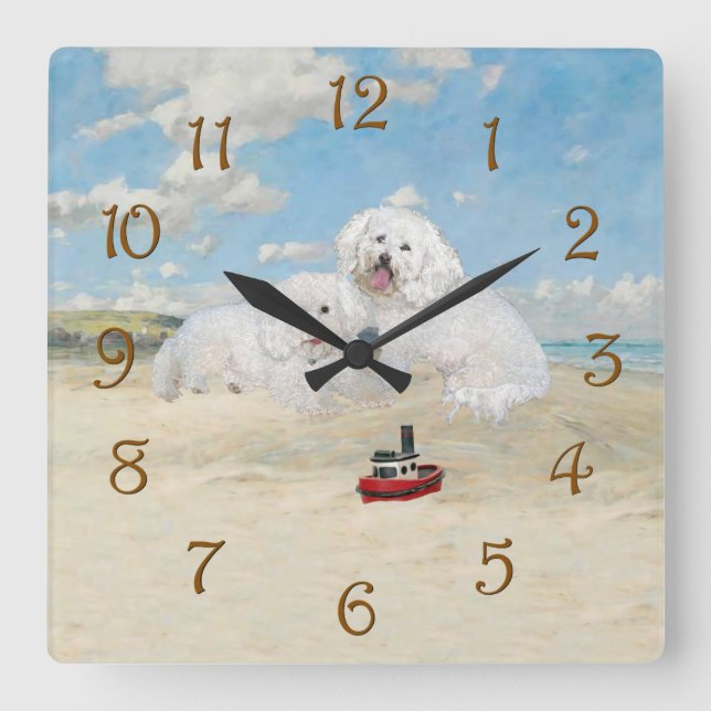 Reloj Cuadrado Bichons en la playa (Anverso)