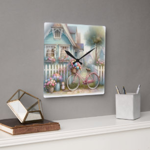 Reloj Cuadrado Bici de Flor Rosa en la Puerta de la Cabaña Azul