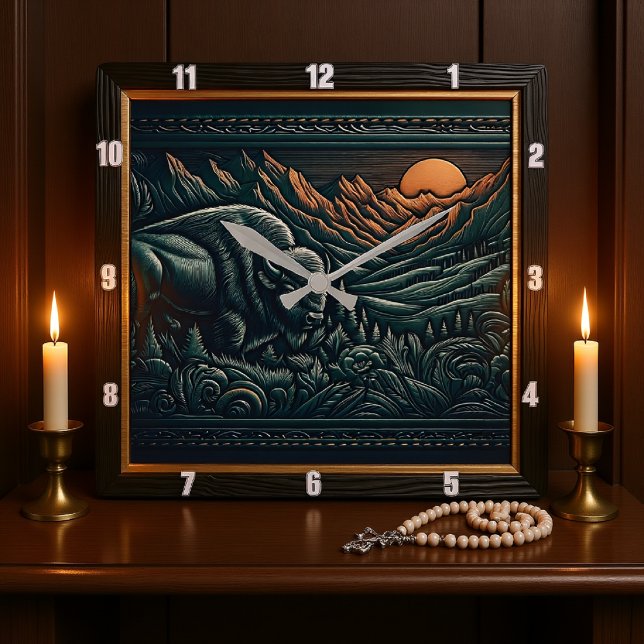 Reloj Cuadrado Bison Buffalo Tooled Bison Sunset (Subido por el creador)