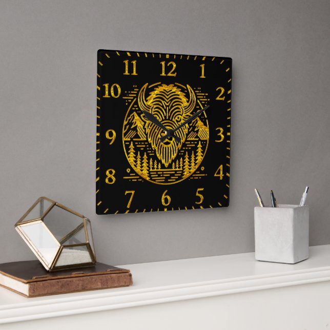 Reloj Cuadrado Bison de oro en medio de montañas y árboles (Oficina)