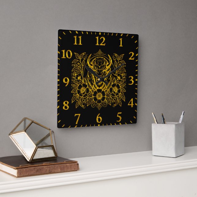 Reloj Cuadrado Bison de oro entre flores (Oficina)