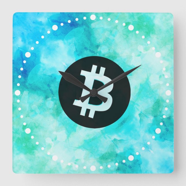 Reloj Cuadrado Bitcoin Acuarela (Estilo 3 - Vida de Playa) (Anverso)