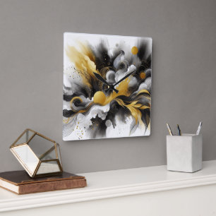 Reloj Cuadrado Black and Gold Modern Abstract AI Wall Clock