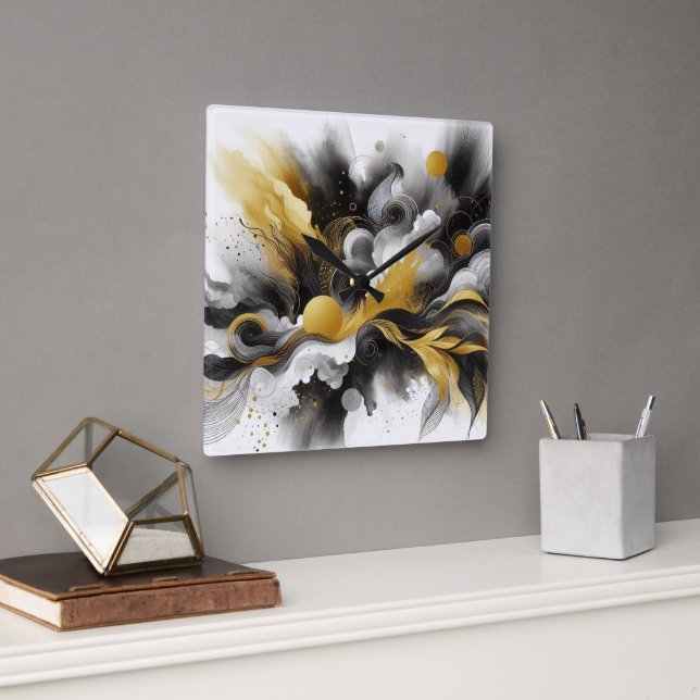 Reloj Cuadrado Black and Gold Modern Abstract AI Wall Clock (Oficina)