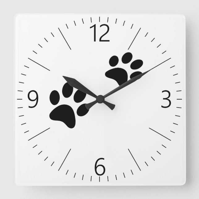 Reloj Cuadrado Black cat paw prints on white (Anverso)