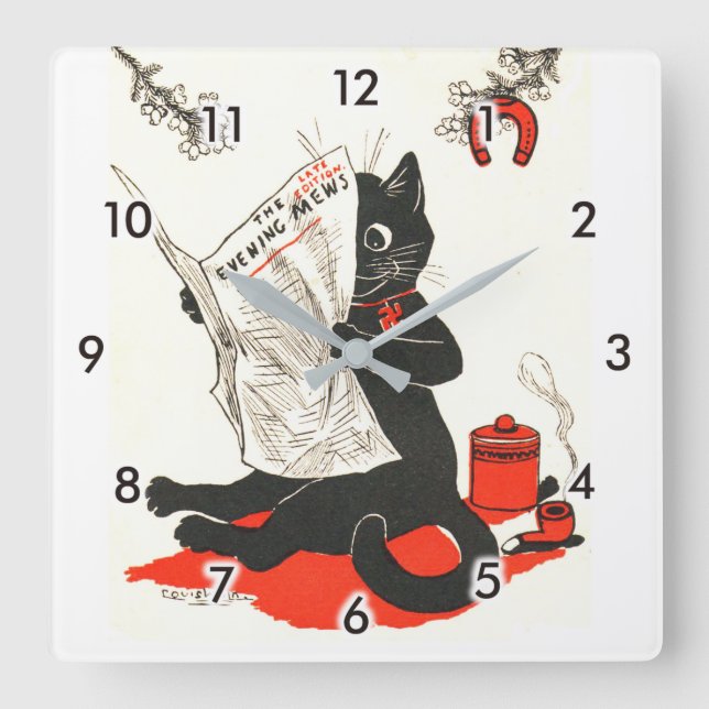 Reloj Cuadrado Black Cat Reading a Newspaper, Louis Wain (Anverso)
