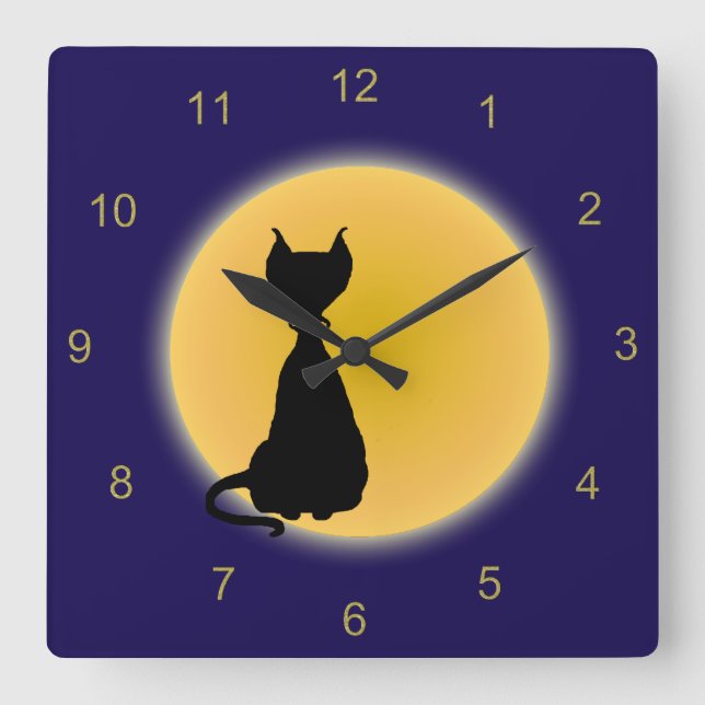 Reloj Cuadrado Black Cat & Yellow Moon Halloween Art (Anverso)