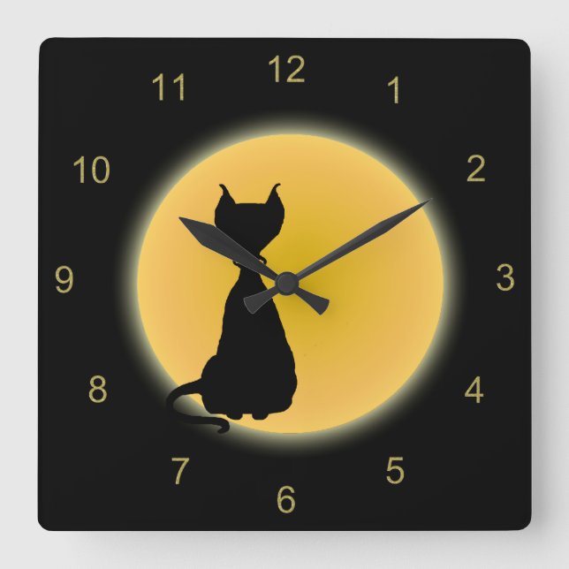 Reloj Cuadrado Black Cat & Yellow Moon Halloween Art (Anverso)