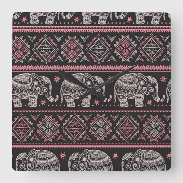 Reloj Cuadrado Black Ethnic Elephant Pattern (Anverso)