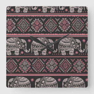 Reloj Cuadrado Black Ethnic Elephant Pattern