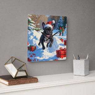 Reloj Cuadrado Black French Bulldog Navidad Escena Festiva de Nie