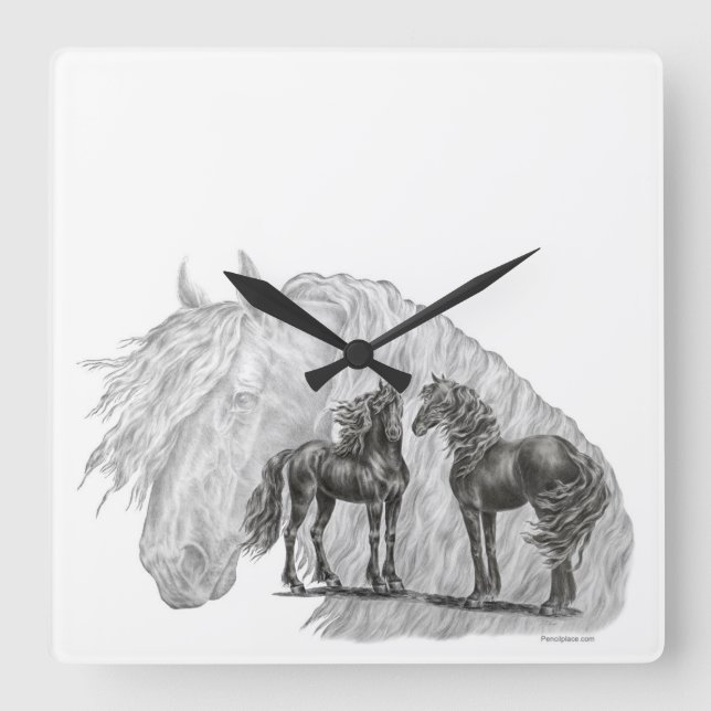 Reloj Cuadrado Black Friesian Horses Manes Tails (Anverso)