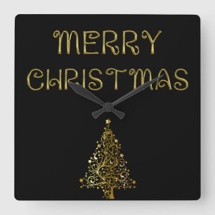 Reloj Cuadrado Black Gold Stars Christmas Tree Elegant Wall Clock