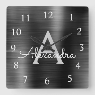 Reloj Cuadrado Black Modern Elegant Metallic Monogram Name