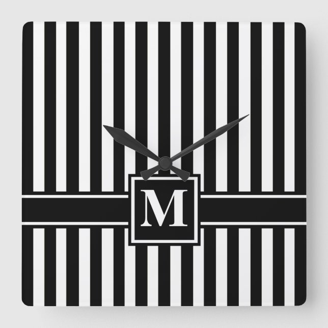 Reloj Cuadrado Black Modern Stripe with Monogram (Anverso)