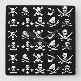 RELOJ CUADRADO BLACK PIRATE BANNERS SKULL,CROSSED BONES,SWORDS