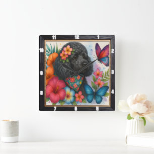 Reloj Cuadrado Black Poodle Floral Butterfly Art