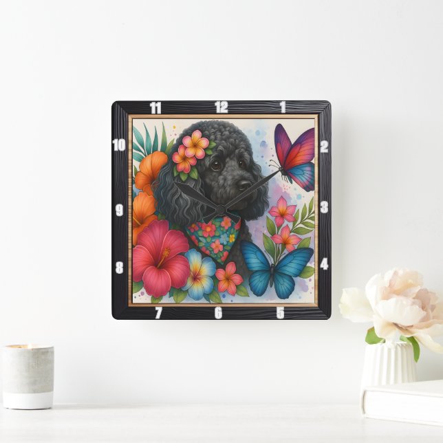 Reloj Cuadrado Black Poodle Floral Butterfly Art (Hogar)