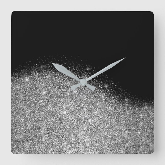 Reloj Cuadrado Black Purpurina Gray Silver Minimal Metallic Urban (Anverso)