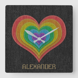 Reloj Cuadrado Black Rainbow Denim Jeans 6 Hearts Customized Name