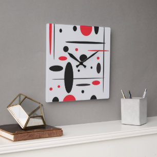 Reloj Cuadrado Black, Red and White Abstract Wall Clock