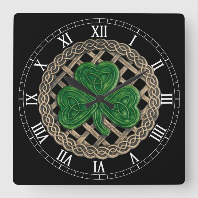 Reloj Cuadrado Black Shamrock & Celtic Knots Roman Numerals Clock (Anverso)