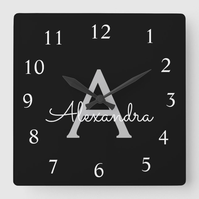 Reloj Cuadrado Black Silver Modern Script Girly Monograma Nombre (Anverso)