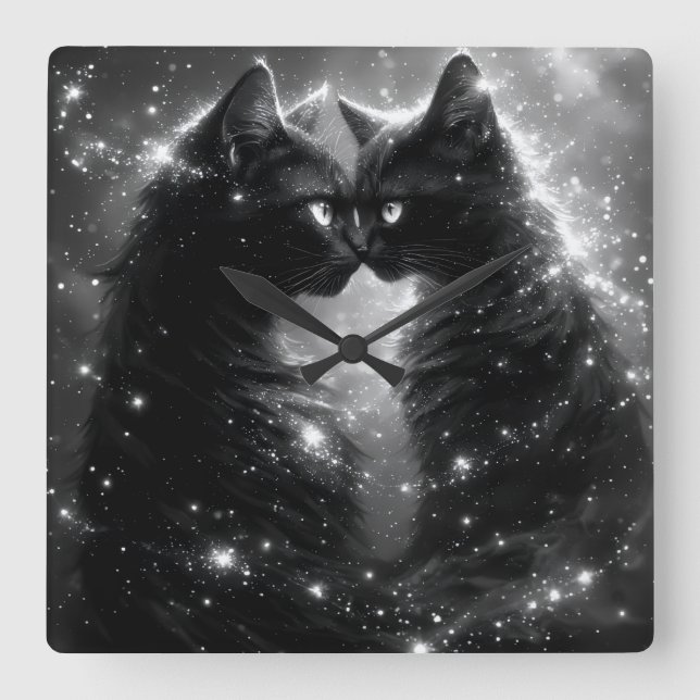 Reloj Cuadrado Black Whimsical Cat Clock (Anverso)