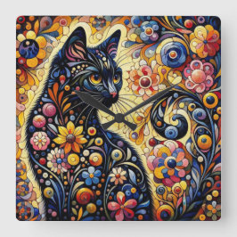 Reloj Cuadrado Black Whimsical Cat Resumen Arte de pintura floral