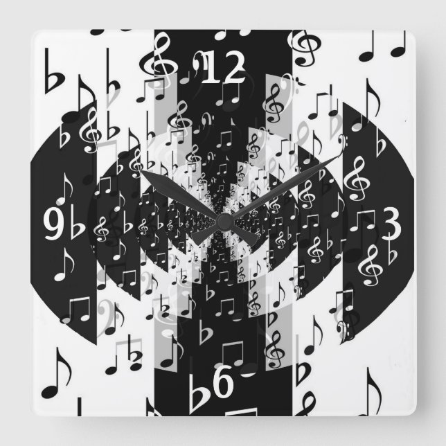 Reloj Cuadrado Black & White Echo Music Notes Wall Clock (Anverso)