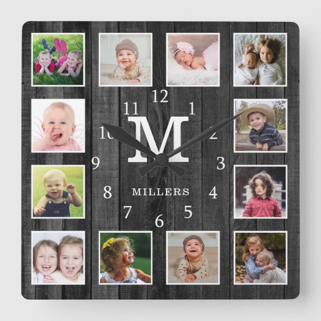 Reloj Cuadrado Black Wood 12 Photo Collage Family Name Monogram  (Anverso)