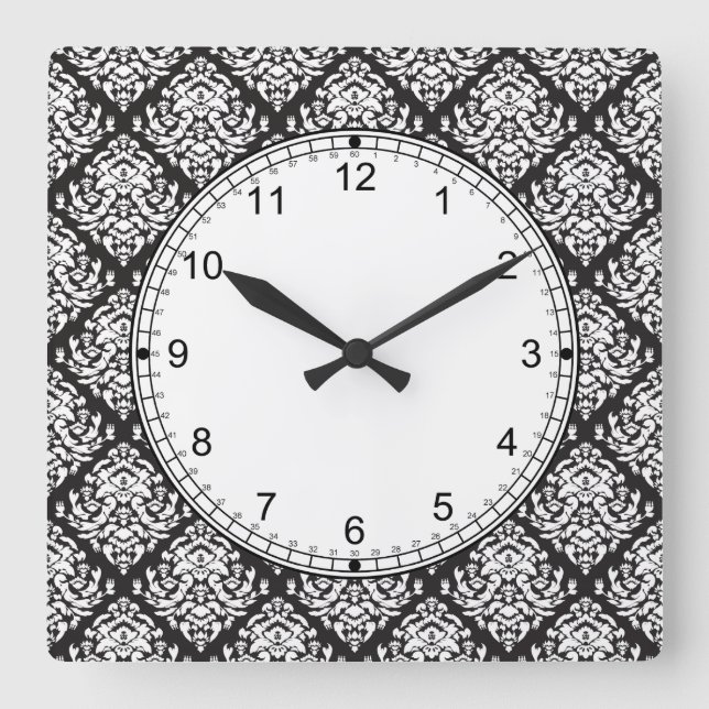 Reloj Cuadrado Blanco de Damask en negro (Anverso)