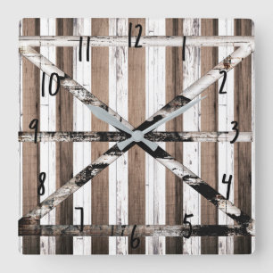 Reloj Cuadrado Blanco de madera multi rústico y puerta de granero