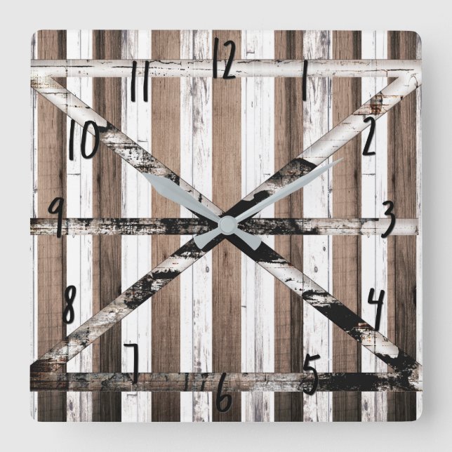 Reloj Cuadrado Blanco de madera multi rústico y puerta de granero (Anverso)