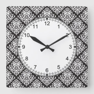 Reloj Cuadrado Blanco del damasco en negro