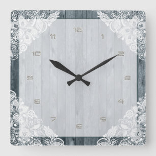 Reloj Cuadrado Blanco Lace y Rústica Madera Faux Weathered
