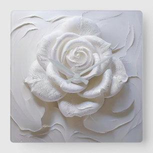Reloj Cuadrado Blanco Sobre Blanco - Rosa Esculpida